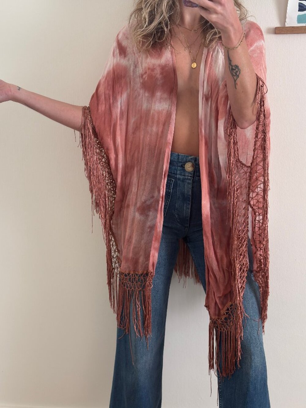 Vintage Fringed Tie Dye Kimono Coral Caramel One Size